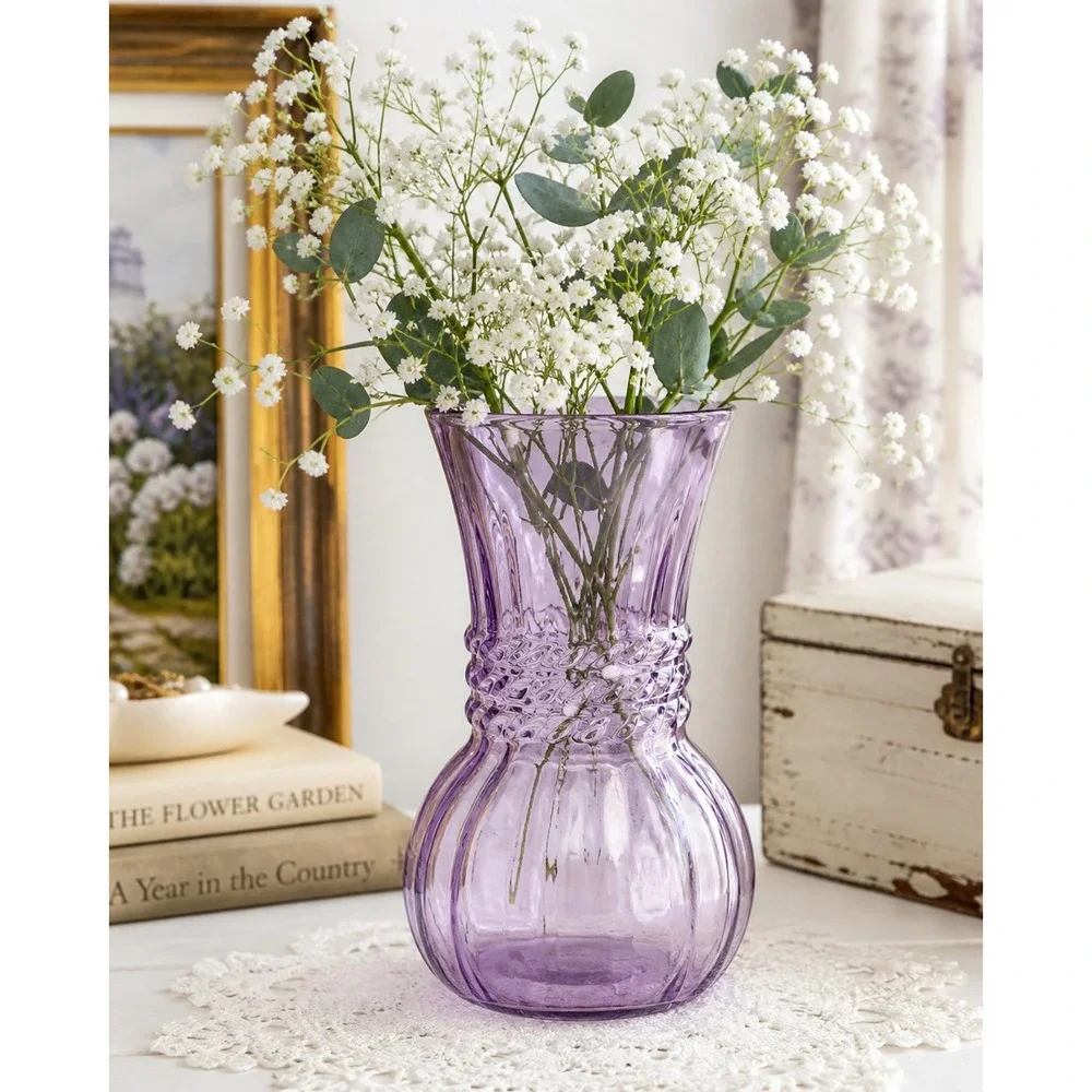 Vtg Glass Bud Vase Ribbed Braided Waist Cottagecore Country Lavender Purple 7in